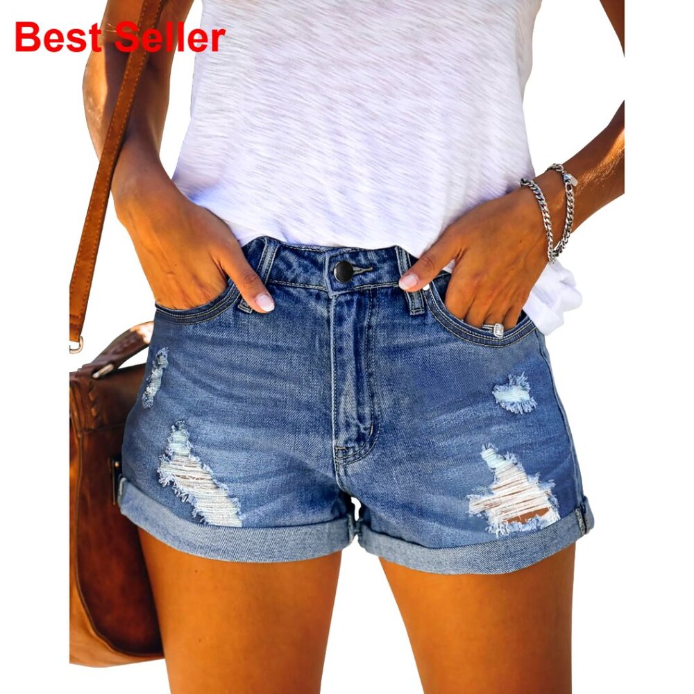 Mid-High Rise Ripped Jean Shorts, Stretchy Denim, Distressed Casual